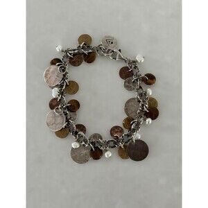 Silpada B1853 Silver Brass Copper Disc Pearl Tiger Eye Cha-Cha Link Bracelet